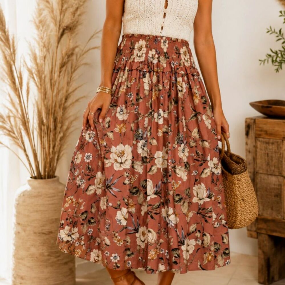 Antonio Melani M Dusty Rose Floral Smocked Midi Skirt Cottagecore Boho Feminine - Picture 3 of 6
